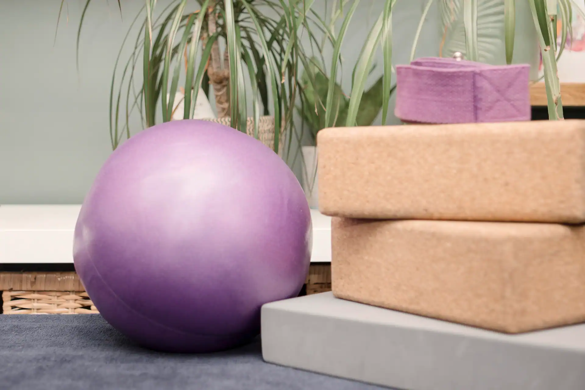 Pilates equipment including a purple exercise ball and foam blocks for physiotherapy.